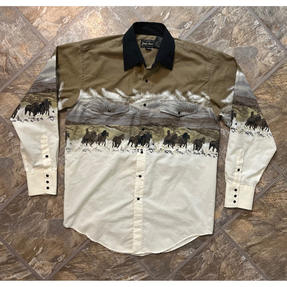 High Noon Western Shirt Mens Medium Tan Cream Horse Graphic Snap Front